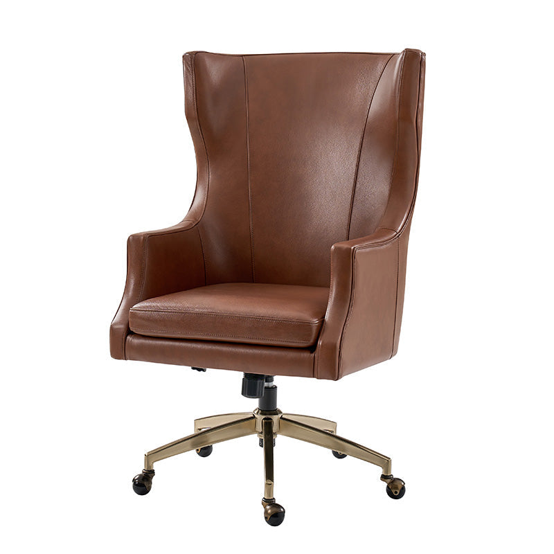 Fauteuil de bureau à dossier haut et oreilles en cuir véritable avec hauteur réglable, fonction d'inclinaison et base pivotante | Camel / Noir / Bleu marine / Marron | Siège unique
