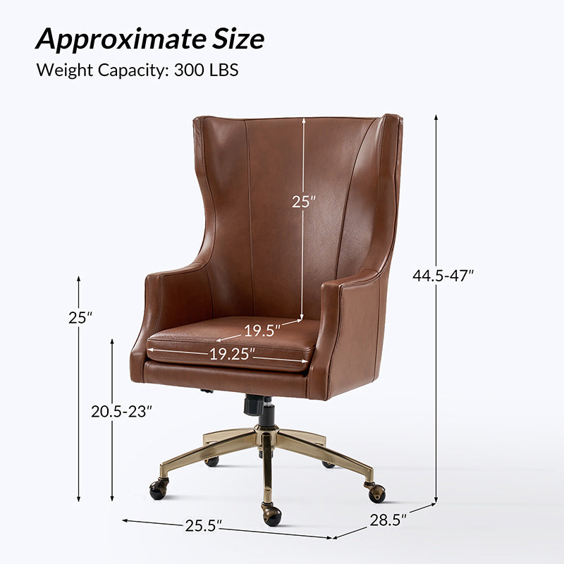 Fauteuil de bureau à dossier haut et oreilles en cuir véritable avec hauteur réglable, fonction d'inclinaison et base pivotante | Camel / Noir / Bleu marine / Marron | Siège unique