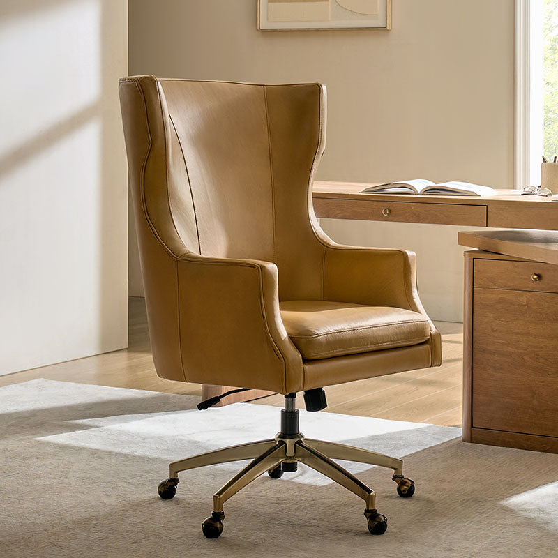 Fauteuil de bureau à dossier haut et oreilles en cuir véritable avec hauteur réglable, fonction d'inclinaison et base pivotante | Camel / Noir / Bleu marine / Marron | Siège unique