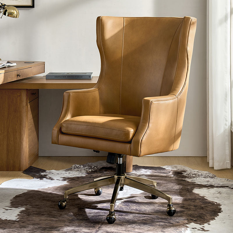 Fauteuil de bureau à dossier haut et oreilles en cuir véritable avec hauteur réglable, fonction d'inclinaison et base pivotante | Camel / Noir / Bleu marine / Marron | Siège unique