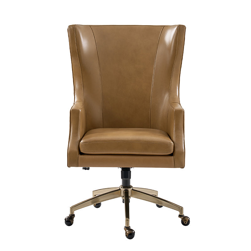 Fauteuil de bureau à dossier haut et oreilles en cuir véritable avec hauteur réglable, fonction d'inclinaison et base pivotante | Camel / Noir / Bleu marine / Marron | Siège unique