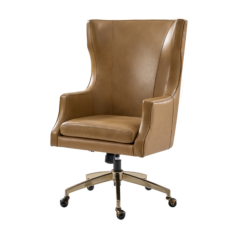 Fauteuil de bureau à dossier haut et oreilles en cuir véritable avec hauteur réglable, fonction d'inclinaison et base pivotante | Camel / Noir / Bleu marine / Marron | Siège unique
