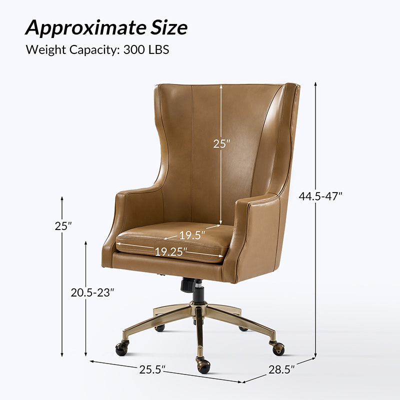 Fauteuil de bureau à dossier haut et oreilles en cuir véritable avec hauteur réglable, fonction d'inclinaison et base pivotante | Camel / Noir / Bleu marine / Marron | Siège unique