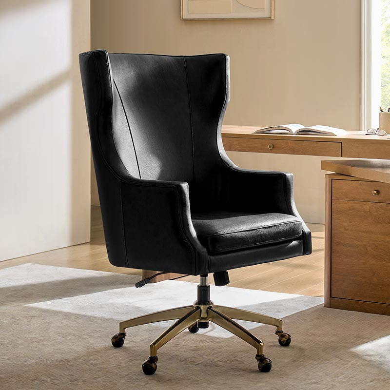 Fauteuil de bureau à dossier haut et oreilles en cuir véritable avec hauteur réglable, fonction d'inclinaison et base pivotante | Camel / Noir / Bleu marine / Marron | Siège unique