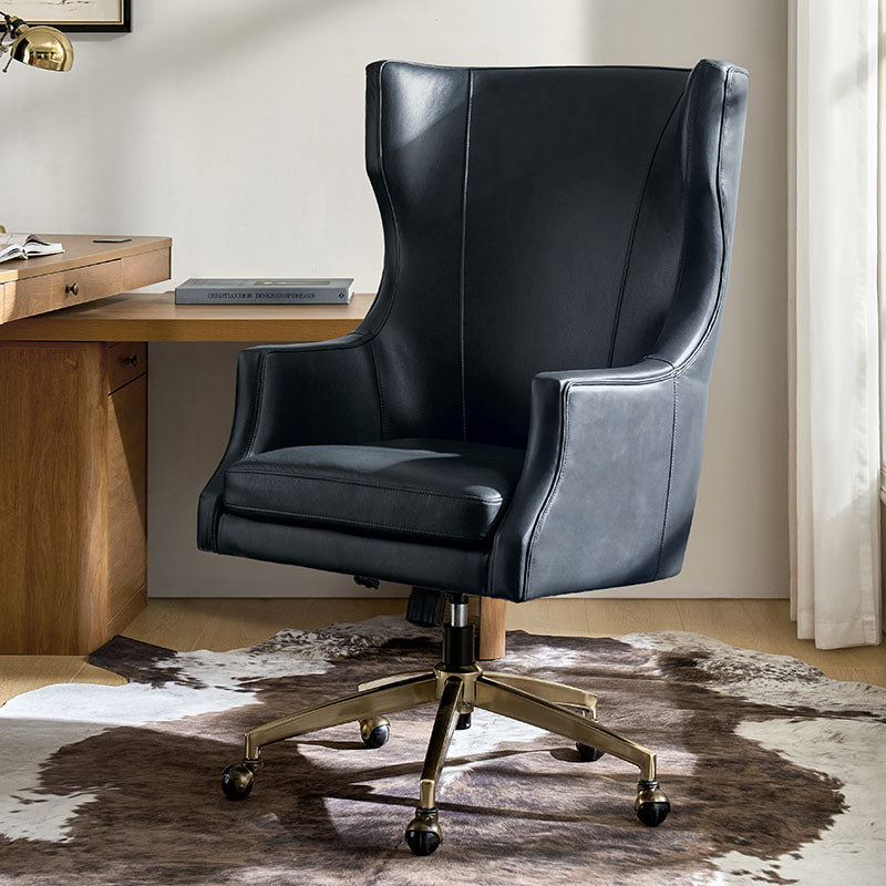 Fauteuil de bureau à dossier haut et oreilles en cuir véritable avec hauteur réglable, fonction d'inclinaison et base pivotante | Camel / Noir / Bleu marine / Marron | Siège unique