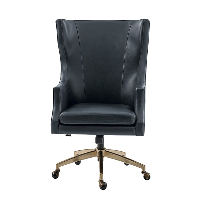 Fauteuil de bureau à dossier haut et oreilles en cuir véritable avec hauteur réglable, fonction d'inclinaison et base pivotante | Camel / Noir / Bleu marine / Marron | Siège unique