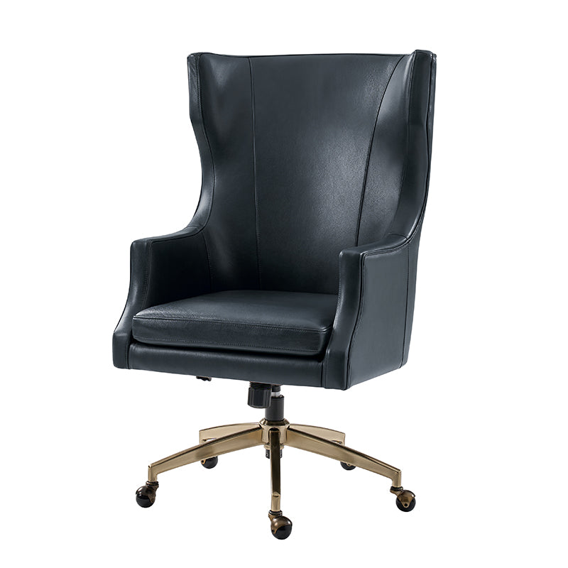 Fauteuil de bureau à dossier haut et oreilles en cuir véritable avec hauteur réglable, fonction d'inclinaison et base pivotante | Camel / Noir / Bleu marine / Marron | Siège unique