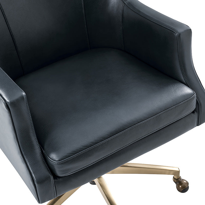 Fauteuil de bureau à dossier haut et oreilles en cuir véritable avec hauteur réglable, fonction d'inclinaison et base pivotante | Camel / Noir / Bleu marine / Marron | Siège unique