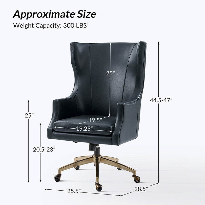 Fauteuil de bureau à dossier haut et oreilles en cuir véritable avec hauteur réglable, fonction d'inclinaison et base pivotante | Camel / Noir / Bleu marine / Marron | Siège unique