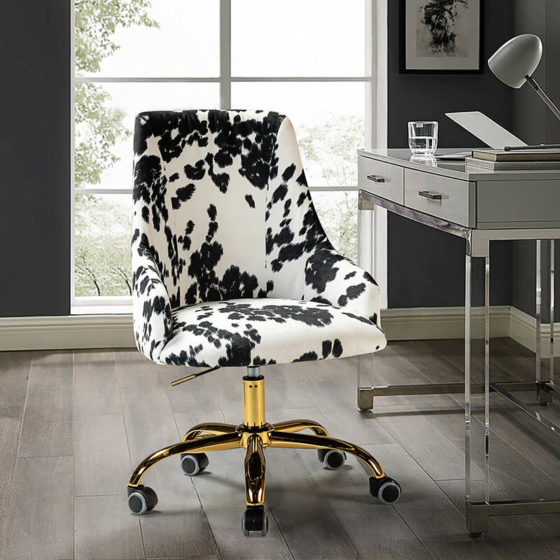 Fauteuil de bureau en tissu imprimé vache avec hauteur réglable, accoudoirs et base en métal doré à 5 branches | Vache Noire / Vache | Siège unique