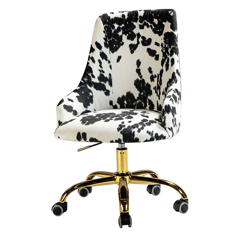 Fauteuil de bureau en tissu imprimé vache avec hauteur réglable, accoudoirs et base en métal doré à 5 branches | Vache Noire / Vache | Siège unique