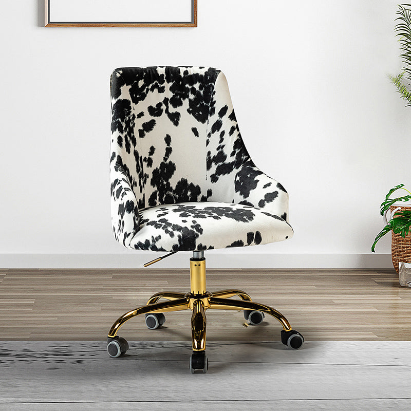 Fauteuil de bureau en tissu imprimé vache avec hauteur réglable, accoudoirs et base en métal doré à 5 branches | Vache Noire / Vache | Siège unique