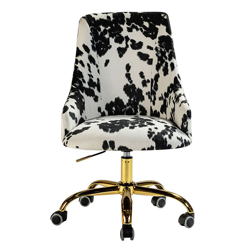 Fauteuil de bureau en tissu imprimé vache avec hauteur réglable, accoudoirs et base en métal doré à 5 branches | Vache Noire / Vache | Siège unique