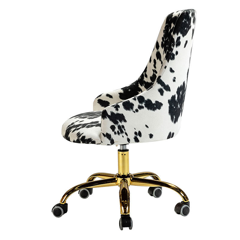 Fauteuil de bureau en tissu imprimé vache avec hauteur réglable, accoudoirs et base en métal doré à 5 branches | Vache Noire / Vache | Siège unique