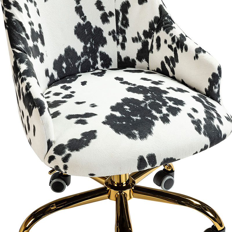 Fauteuil de bureau en tissu imprimé vache avec hauteur réglable, accoudoirs et base en métal doré à 5 branches | Vache Noire / Vache | Siège unique