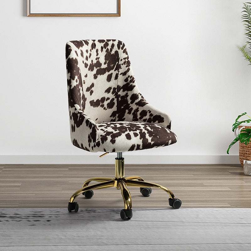 Fauteuil de bureau en tissu imprimé vache avec hauteur réglable, accoudoirs et base en métal doré à 5 branches | Vache Noire / Vache | Siège unique