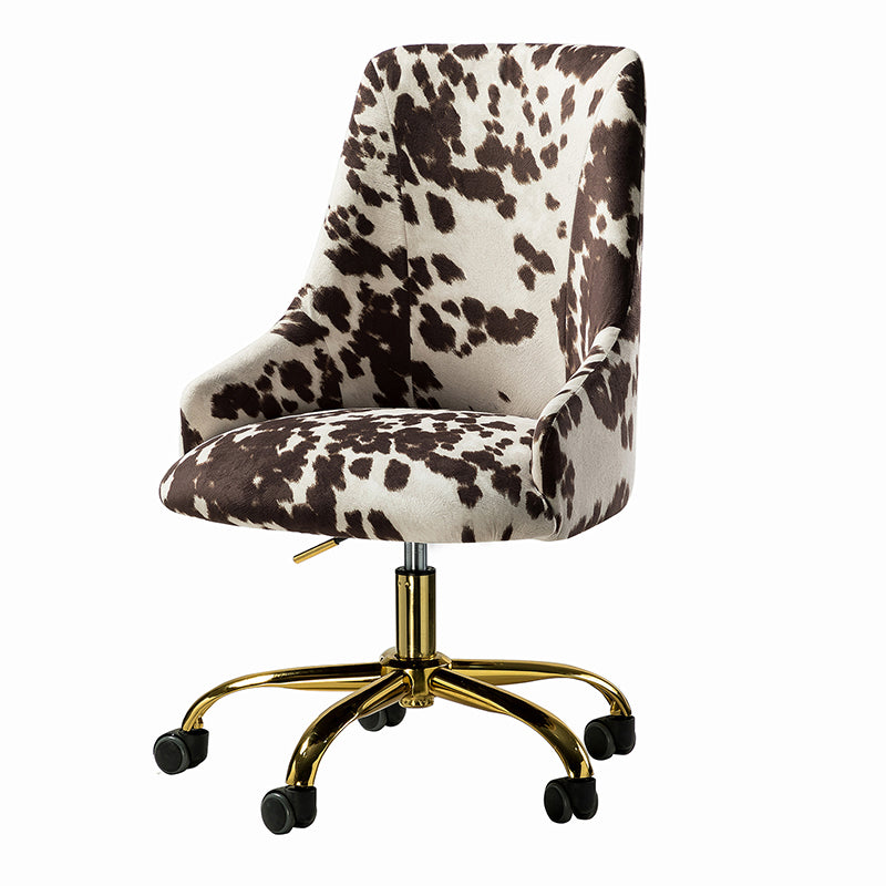 Fauteuil de bureau en tissu imprimé vache avec hauteur réglable, accoudoirs et base en métal doré à 5 branches | Vache Noire / Vache | Siège unique