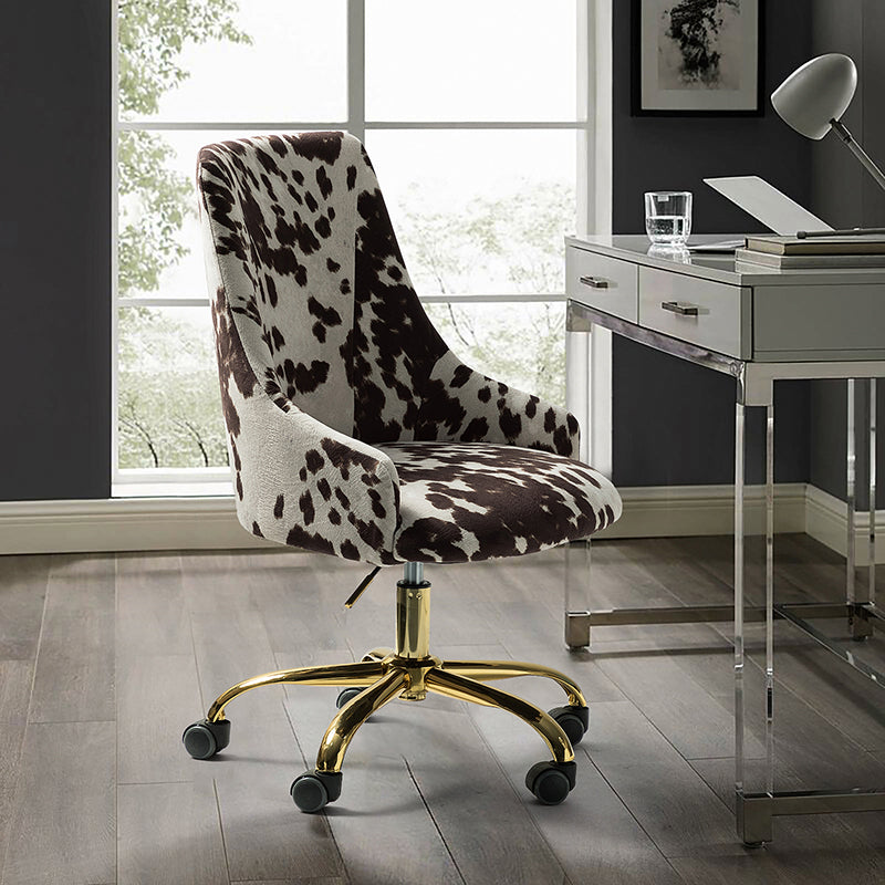 Fauteuil de bureau en tissu imprimé vache avec hauteur réglable, accoudoirs et base en métal doré à 5 branches | Vache Noire / Vache | Siège unique
