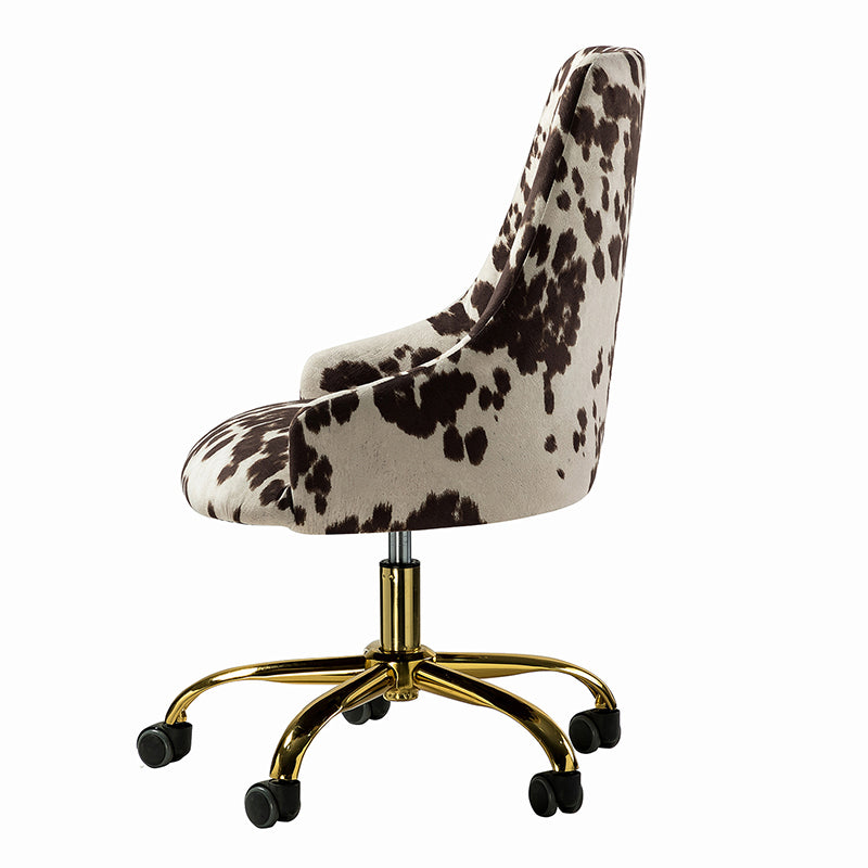Fauteuil de bureau en tissu imprimé vache avec hauteur réglable, accoudoirs et base en métal doré à 5 branches | Vache Noire / Vache | Siège unique
