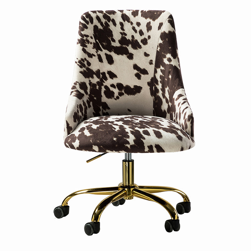 Fauteuil de bureau en tissu imprimé vache avec hauteur réglable, accoudoirs et base en métal doré à 5 branches | Vache Noire / Vache | Siège unique