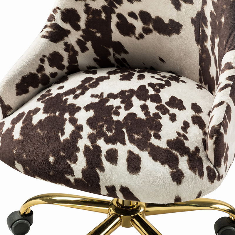 Fauteuil de bureau en tissu imprimé vache avec hauteur réglable, accoudoirs et base en métal doré à 5 branches | Vache Noire / Vache | Siège unique