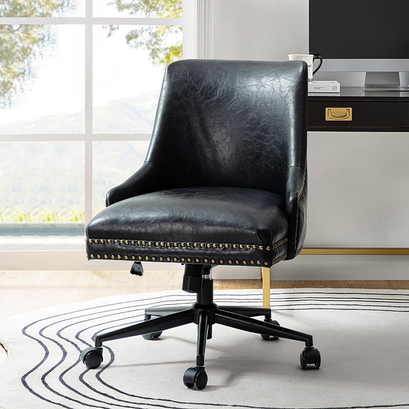 Chaise de bureau pivotante sans accoudoirs en similicuir avec rembourrage en mousse et piètement en métal noir | Marron / Noir | Siège individuel