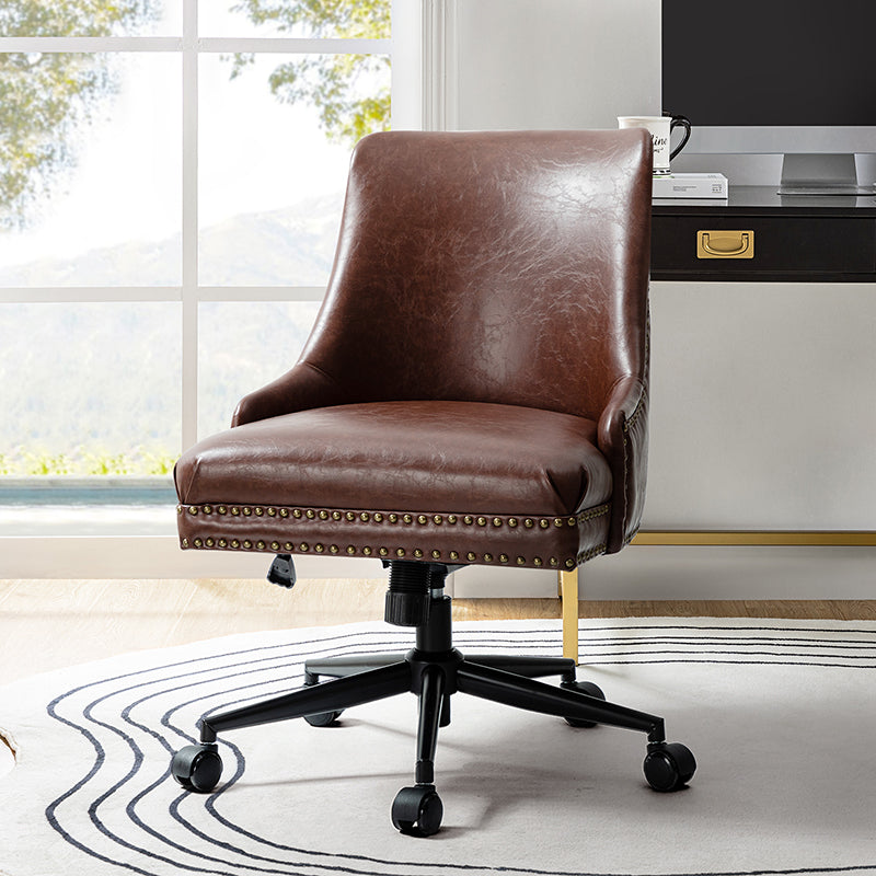 Chaise de bureau pivotante sans accoudoirs en similicuir avec rembourrage en mousse et piètement en métal noir | Marron / Noir | Siège individuel