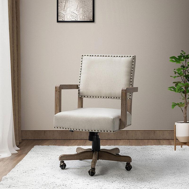 Chaise de bureau pivotante en tissu avec garniture cloutée, hauteur réglable et piètement en bois massif | Lin / Marine | Siège individuel
