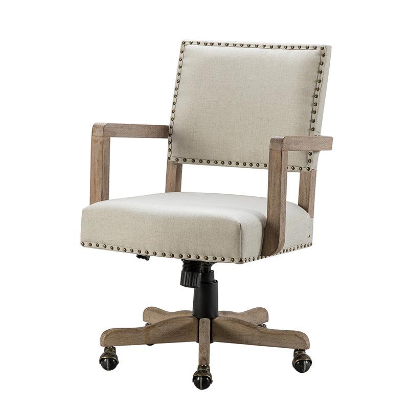 Chaise de bureau pivotante en tissu avec garniture cloutée, hauteur réglable et piètement en bois massif | Lin / Marine | Siège individuel