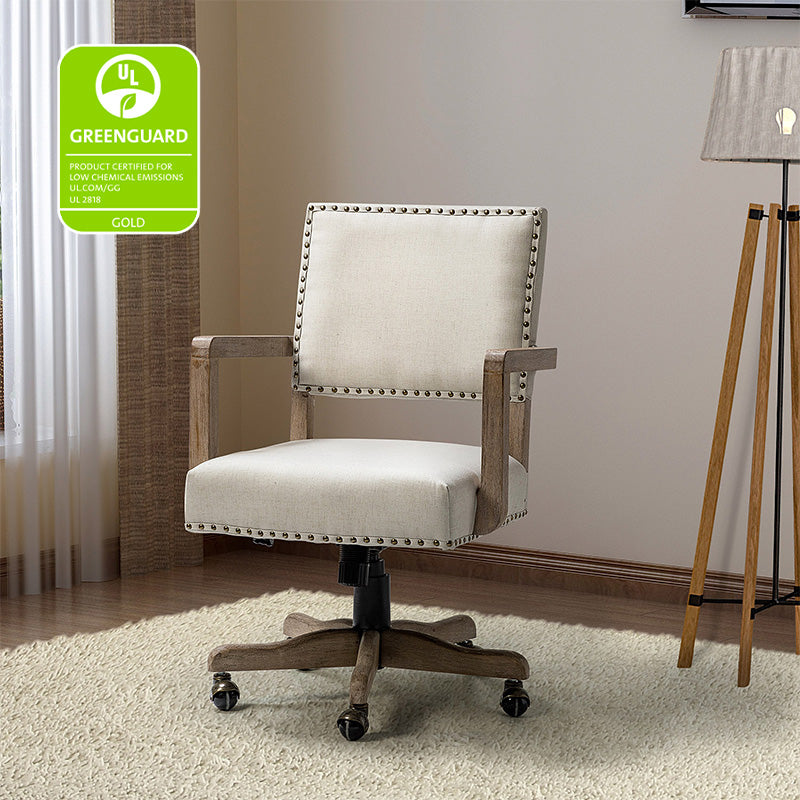 Chaise de bureau pivotante en tissu avec garniture cloutée, hauteur réglable et piètement en bois massif | Lin / Marine | Siège individuel