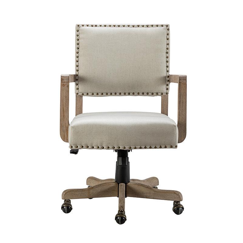 Chaise de bureau pivotante en tissu avec garniture cloutée, hauteur réglable et piètement en bois massif | Lin / Marine | Siège individuel