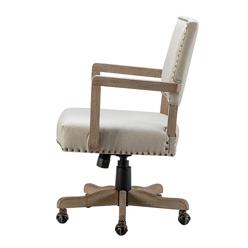 Chaise de bureau pivotante en tissu avec garniture cloutée, hauteur réglable et piètement en bois massif | Lin / Marine | Siège individuel