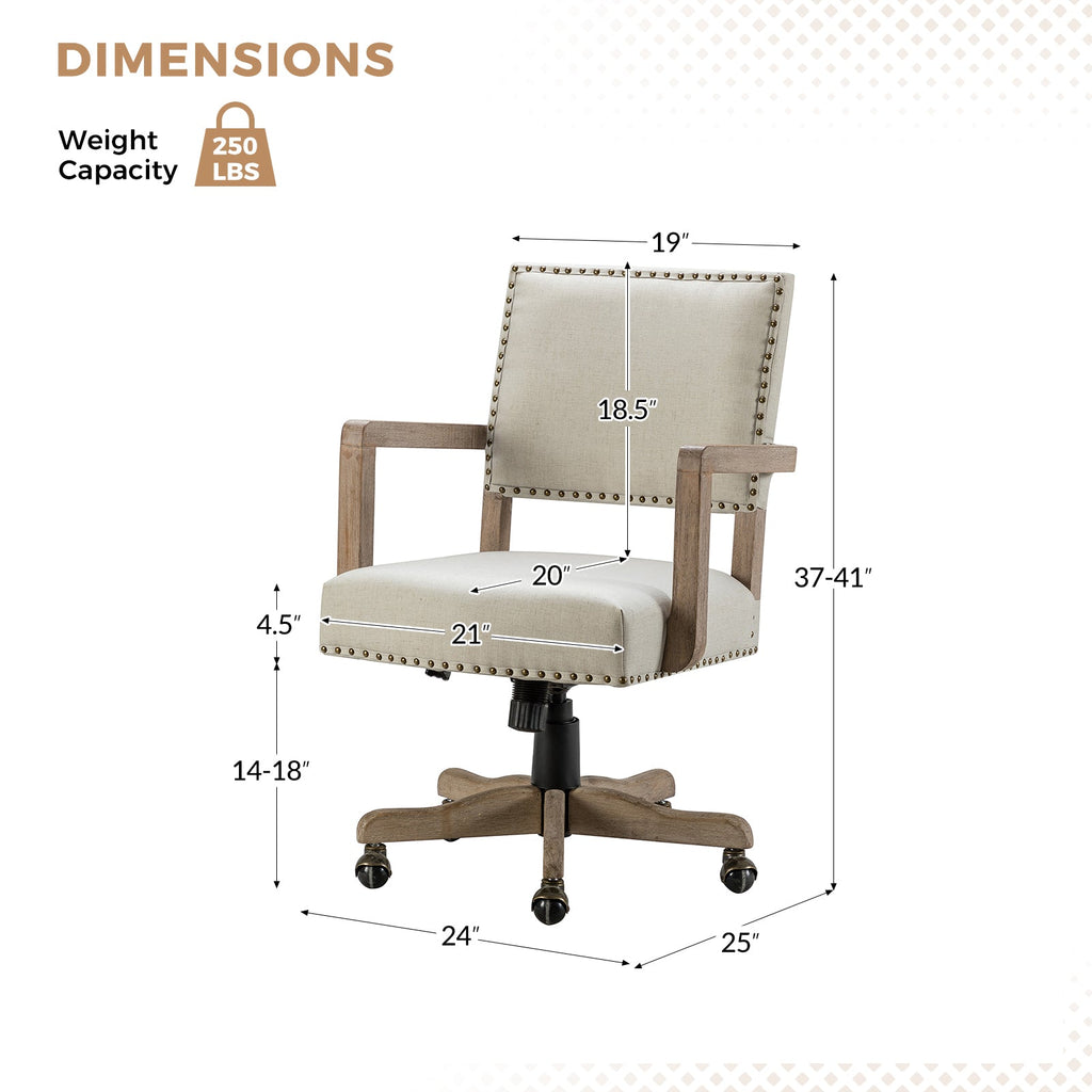 Chaise de bureau pivotante en tissu avec garniture cloutée, hauteur réglable et piètement en bois massif | Lin / Marine | Siège individuel