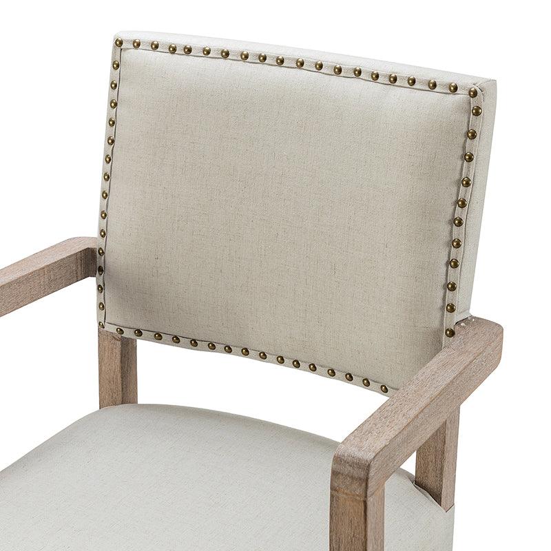 Chaise de bureau pivotante en tissu avec garniture cloutée, hauteur réglable et piètement en bois massif | Lin / Marine | Siège individuel