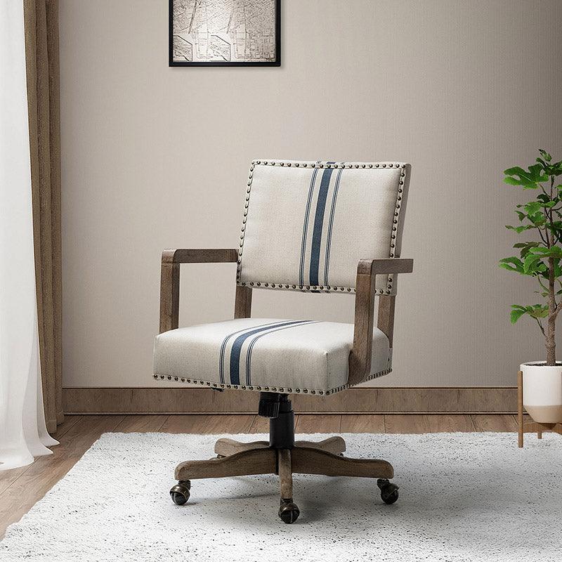 Chaise de bureau pivotante en tissu avec garniture cloutée, hauteur réglable et piètement en bois massif | Lin / Marine | Siège individuel