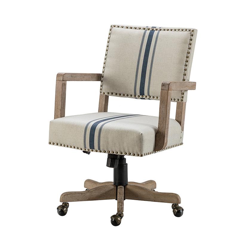 Chaise de bureau pivotante en tissu avec garniture cloutée, hauteur réglable et piètement en bois massif | Lin / Marine | Siège individuel
