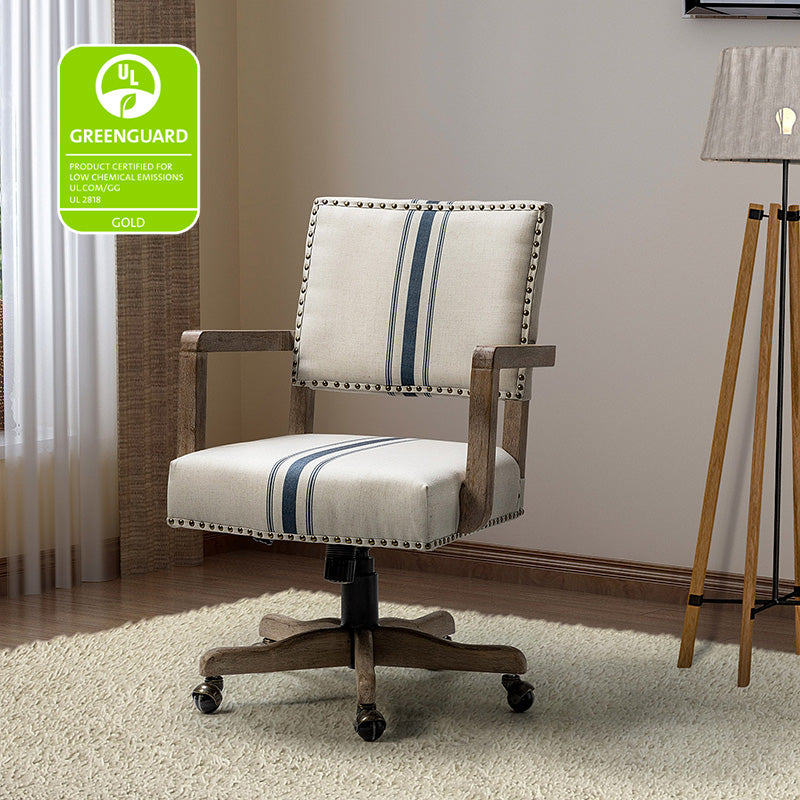 Chaise de bureau pivotante en tissu avec garniture cloutée, hauteur réglable et piètement en bois massif | Lin / Marine | Siège individuel