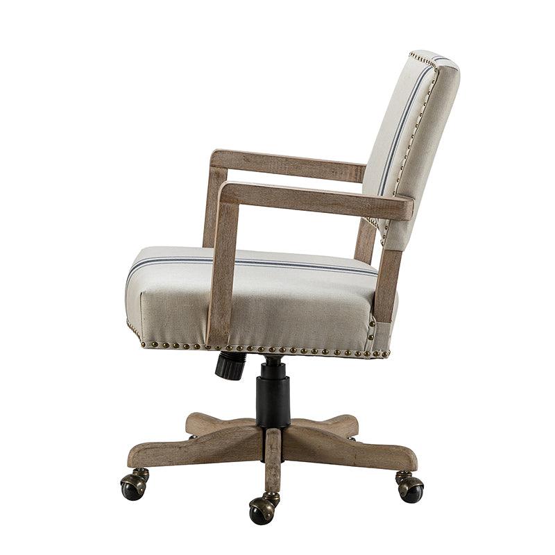 Chaise de bureau pivotante en tissu avec garniture cloutée, hauteur réglable et piètement en bois massif | Lin / Marine | Siège individuel