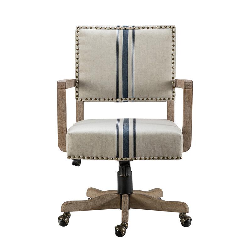Chaise de bureau pivotante en tissu avec garniture cloutée, hauteur réglable et piètement en bois massif | Lin / Marine | Siège individuel