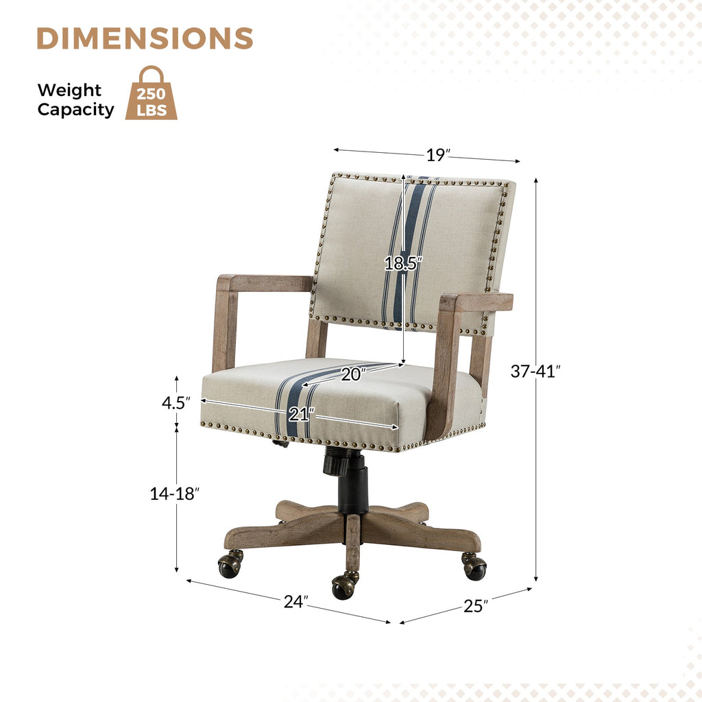 Chaise de bureau pivotante en tissu avec garniture cloutée, hauteur réglable et piètement en bois massif | Lin / Marine | Siège individuel