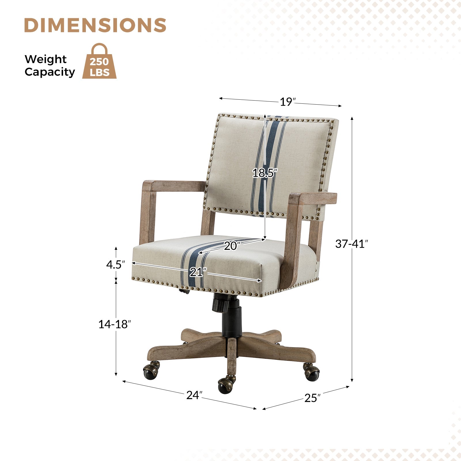 Chaise de bureau pivotante en tissu avec garniture cloutée, hauteur réglable et piètement en bois massif | Lin / Marine | Siège individuel