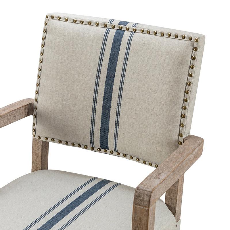 Chaise de bureau pivotante en tissu avec garniture cloutée, hauteur réglable et piètement en bois massif | Lin / Marine | Siège individuel