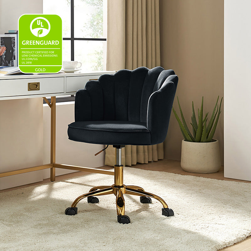 Chaise de Bureau Pivotante en Velours avec Dossier Fleur, Capitonnage, Hauteur Réglable et Base en Métal Doré | Rose / Noir / Bleu Canard / Jaune / Gris / Sauge / Ivoire | Siège Simple