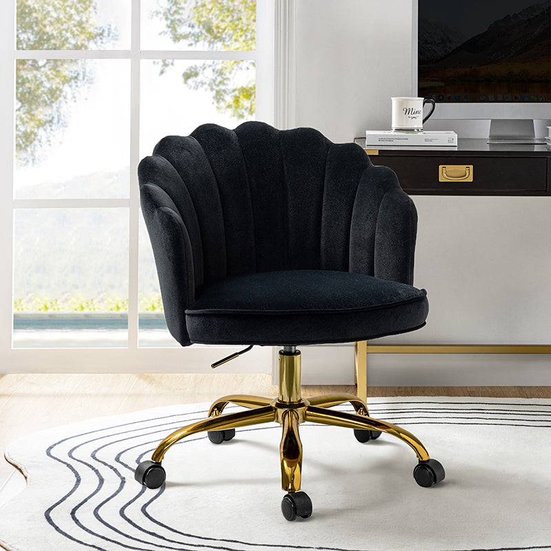 Chaise de Bureau Pivotante en Velours avec Dossier Fleur, Capitonnage, Hauteur Réglable et Base en Métal Doré | Rose / Noir / Bleu Canard / Jaune / Gris / Sauge / Ivoire | Siège Simple