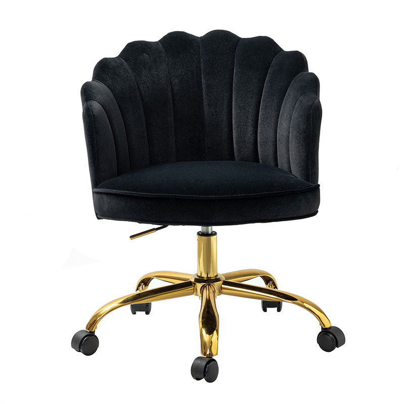 Chaise de Bureau Pivotante en Velours avec Dossier Fleur, Capitonnage, Hauteur Réglable et Base en Métal Doré | Rose / Noir / Bleu Canard / Jaune / Gris / Sauge / Ivoire | Siège Simple