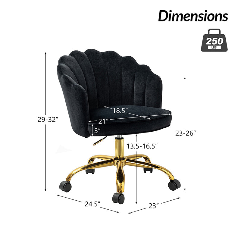 Chaise de Bureau Pivotante en Velours avec Dossier Fleur, Capitonnage, Hauteur Réglable et Base en Métal Doré | Rose / Noir / Bleu Canard / Jaune / Gris / Sauge / Ivoire | Siège Simple