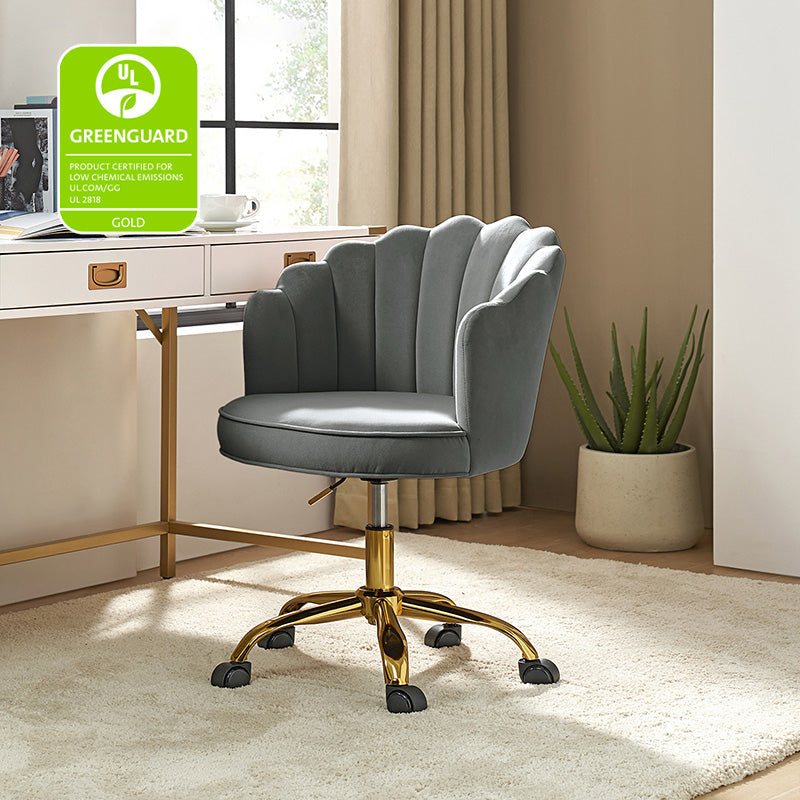 Chaise de Bureau Pivotante en Velours avec Dossier Fleur, Capitonnage, Hauteur Réglable et Base en Métal Doré | Rose / Noir / Bleu Canard / Jaune / Gris / Sauge / Ivoire | Siège Simple