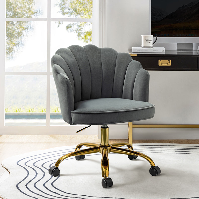 Chaise de Bureau Pivotante en Velours avec Dossier Fleur, Capitonnage, Hauteur Réglable et Base en Métal Doré | Rose / Noir / Bleu Canard / Jaune / Gris / Sauge / Ivoire | Siège Simple