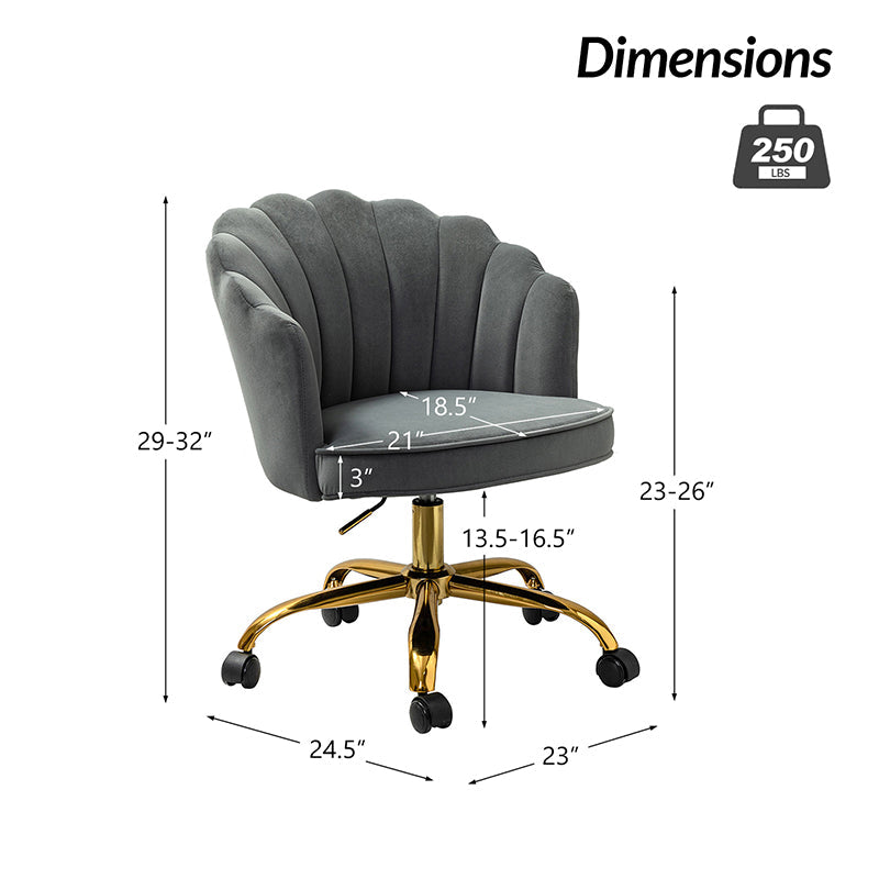 Chaise de Bureau Pivotante en Velours avec Dossier Fleur, Capitonnage, Hauteur Réglable et Base en Métal Doré | Rose / Noir / Bleu Canard / Jaune / Gris / Sauge / Ivoire | Siège Simple