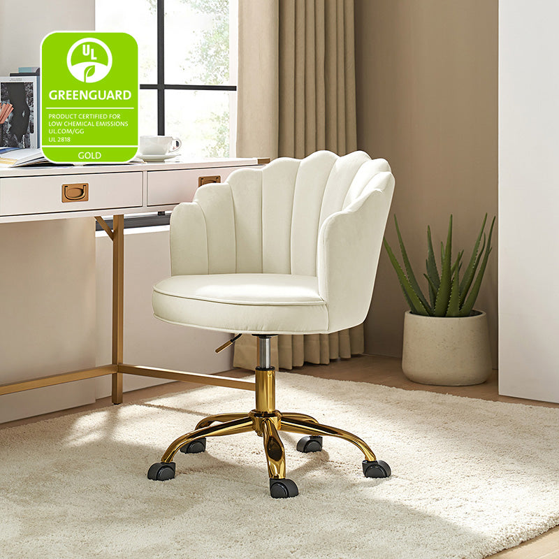 Chaise de Bureau Pivotante en Velours avec Dossier Fleur, Capitonnage, Hauteur Réglable et Base en Métal Doré | Rose / Noir / Bleu Canard / Jaune / Gris / Sauge / Ivoire | Siège Simple